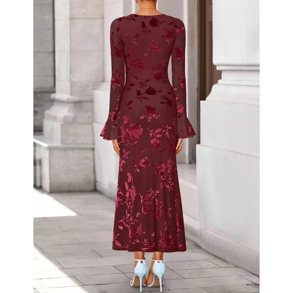 Women's Wine Long Sleeve Spring Fashion Bodycon Mesh Floral Maxi Dress